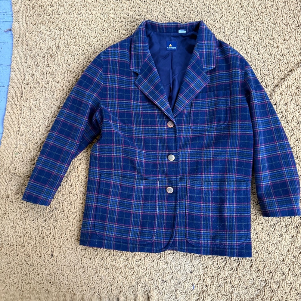 Vtg LizSport Womens M Wool Blazer 3 Button Plaid Academia English Old Money Prep